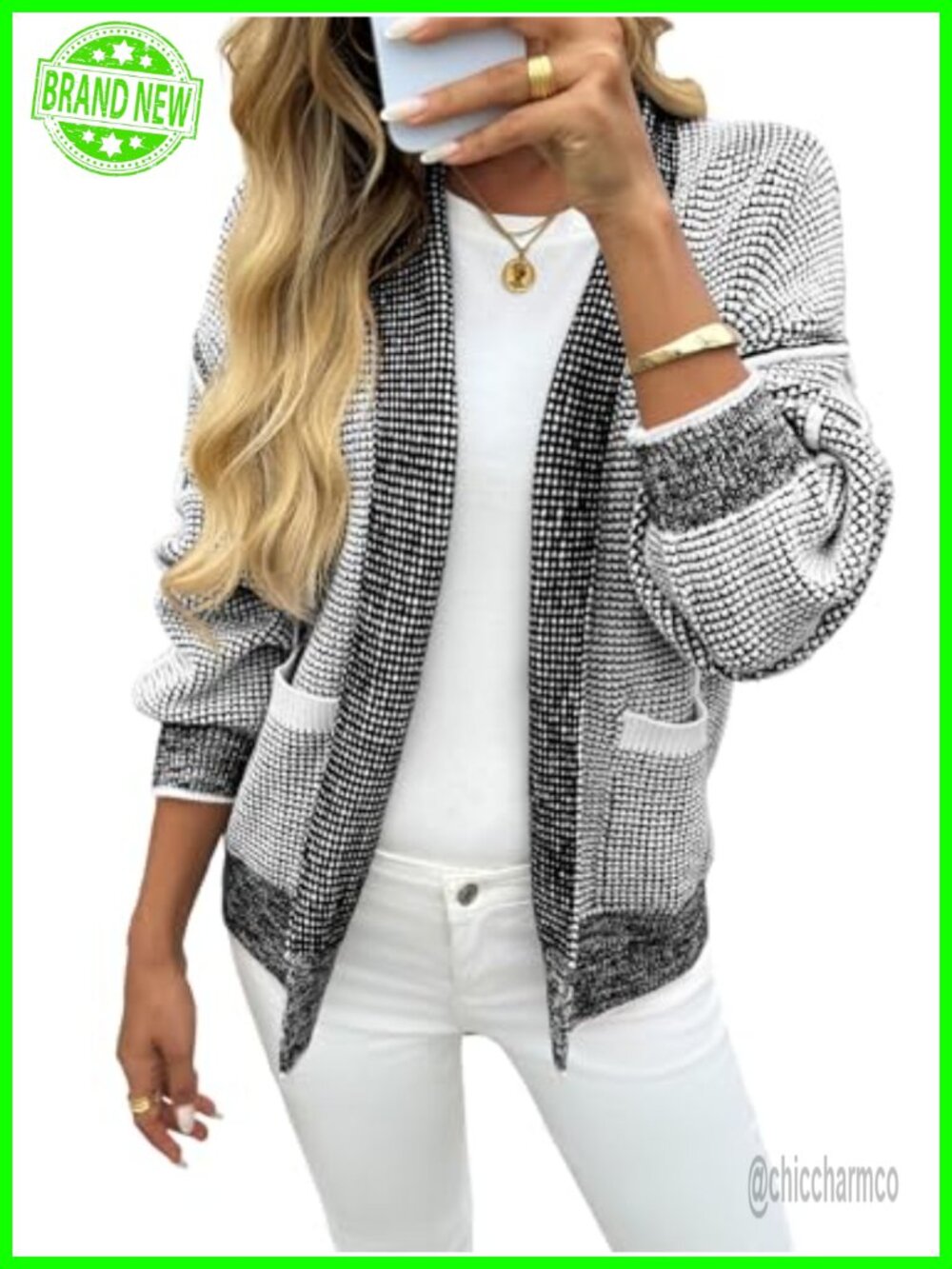 Waffle Knit Open Front Cardigan Sweater with Pockets Loose Fit